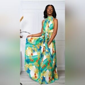 L'atiste Floral Multicolor Pleated Tie  Maxi Dress Size M